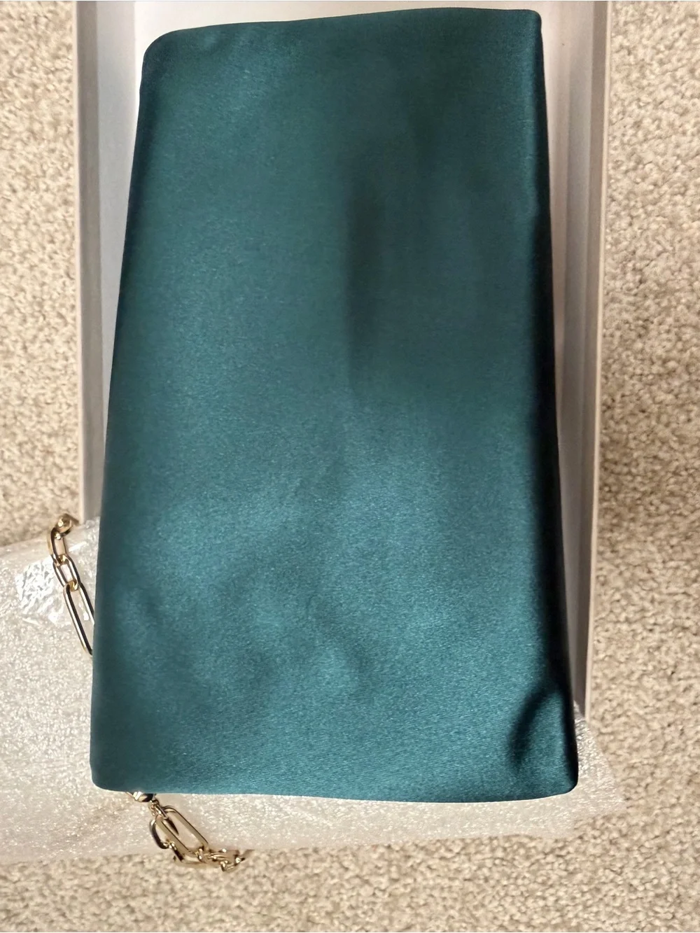 Jimmy Choo Teal Satin Evening Clutch with Crystal Brooch and Gold Chain